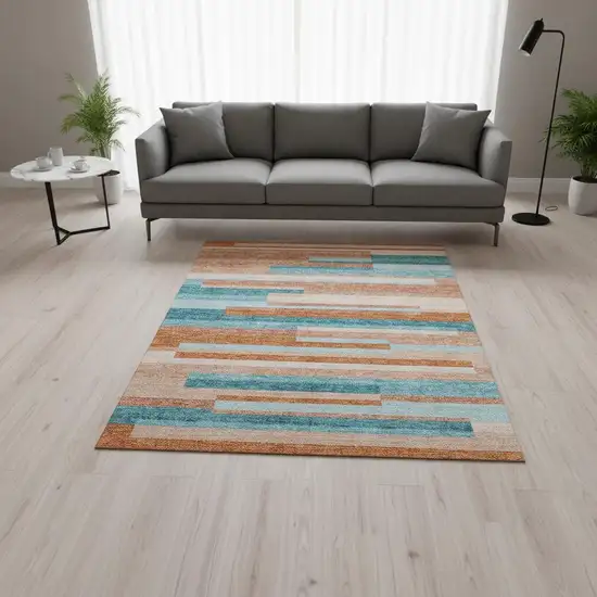 Orange Teal And Peach Striped Washable Area Rug With UV Protection Photo 2