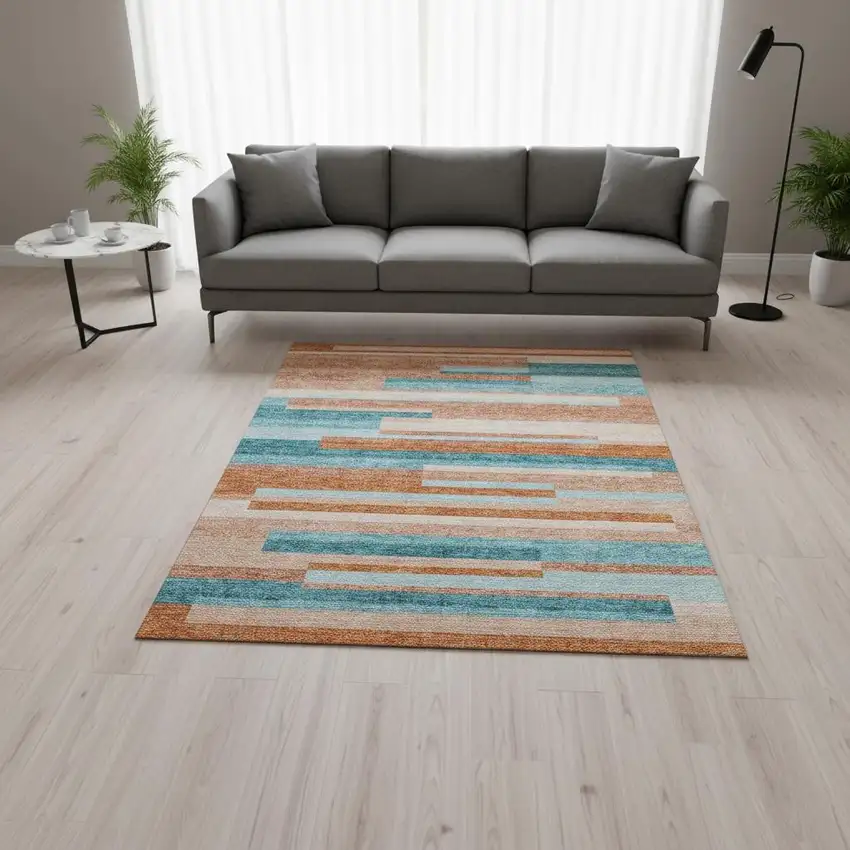 Orange Teal And Peach Striped Washable Area Rug With UV Protection Photo 2