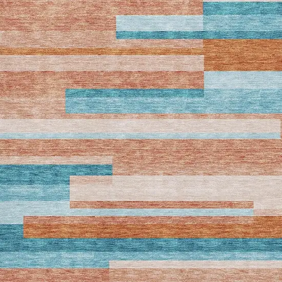Orange Teal And Peach Striped Washable Area Rug With UV Protection Photo 2