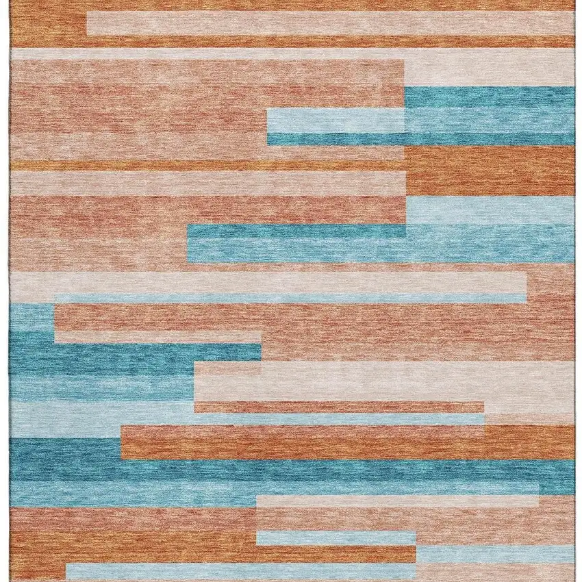 Orange Teal And Peach Striped Washable Area Rug With UV Protection Photo 3