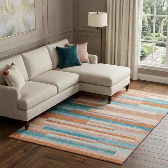 Orange Teal And Peach Striped Washable Area Rug With UV Protection Photo 1