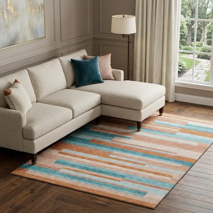 Orange Teal And Peach Striped Washable Area Rug With UV Protection Photo 1