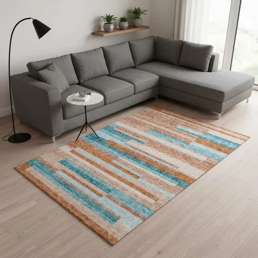 Orange Teal And Peach Striped Washable Area Rug With UV Protection Photo 2