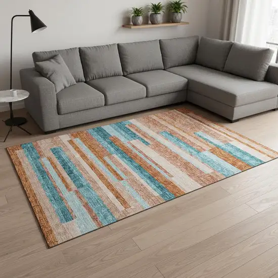 Orange Teal And Peach Striped Washable Area Rug With UV Protection Photo 2