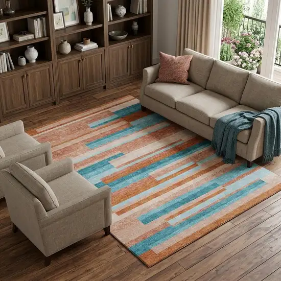 Orange Teal And Peach Striped Washable Area Rug With UV Protection Photo 1