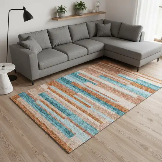 Orange Teal And Peach Striped Washable Area Rug With UV Protection Photo 2