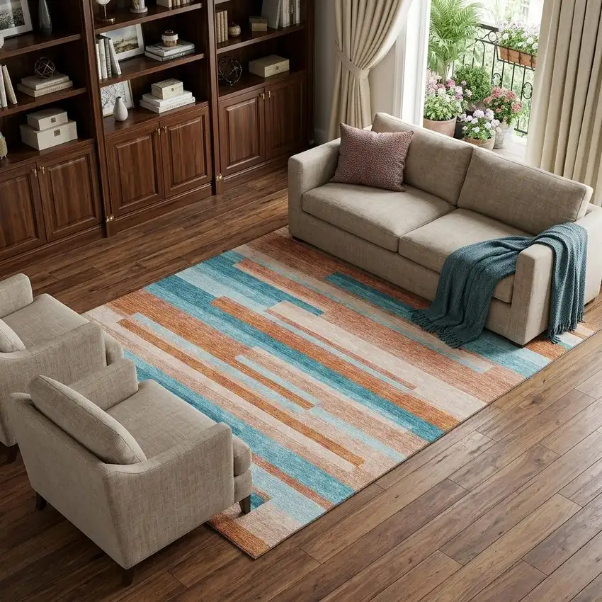 Orange Teal And Peach Striped Washable Area Rug With UV Protection Photo 1