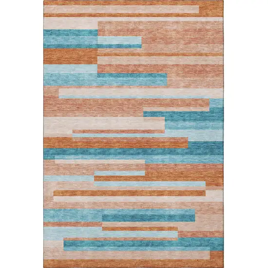 Orange Teal And Peach Striped Washable Area Rug With UV Protection Photo 3