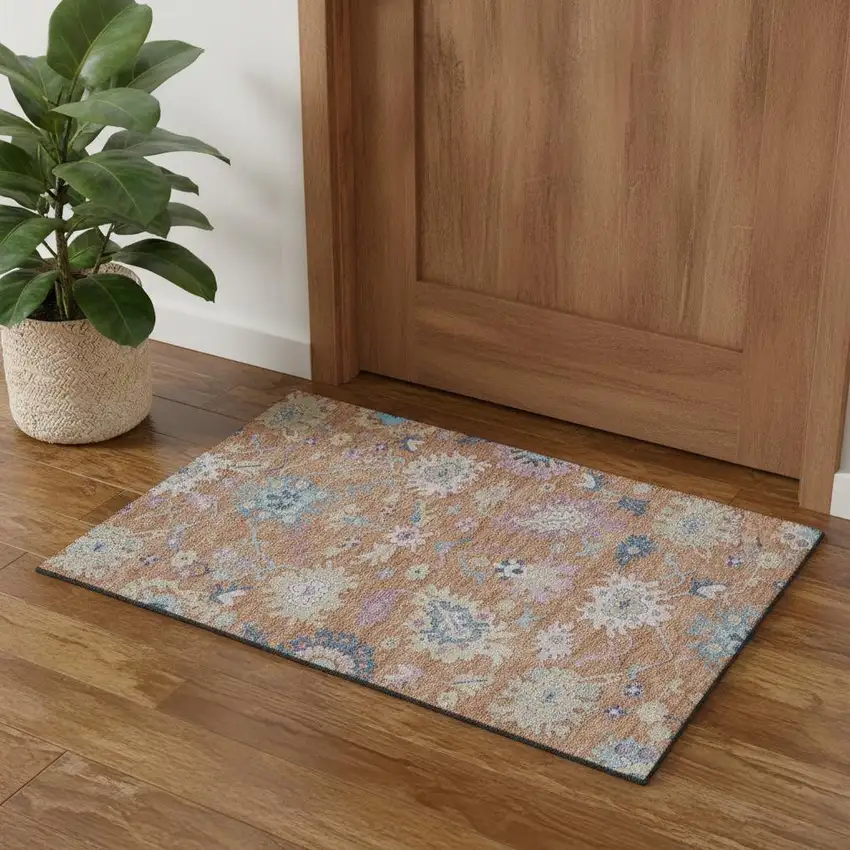 Orange Teal And Pink Floral Washable Area Rug With UV Protection Photo 1
