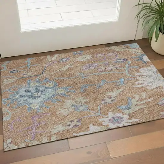Orange Teal And Pink Floral Washable Area Rug With UV Protection Photo 2