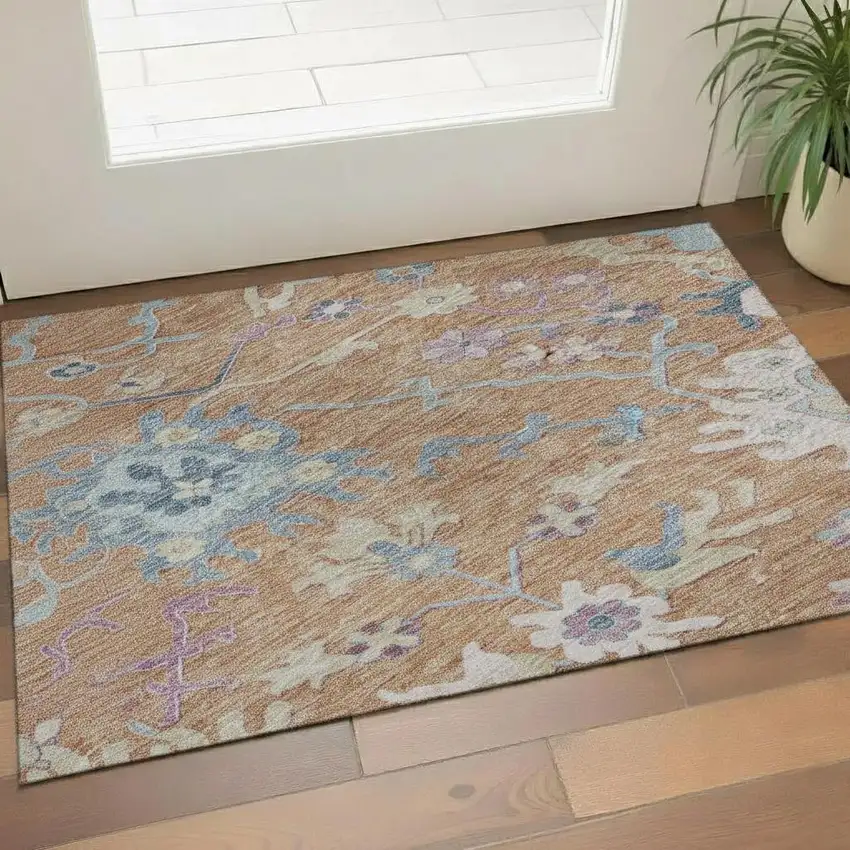 Orange Teal And Pink Floral Washable Area Rug With UV Protection Photo 2