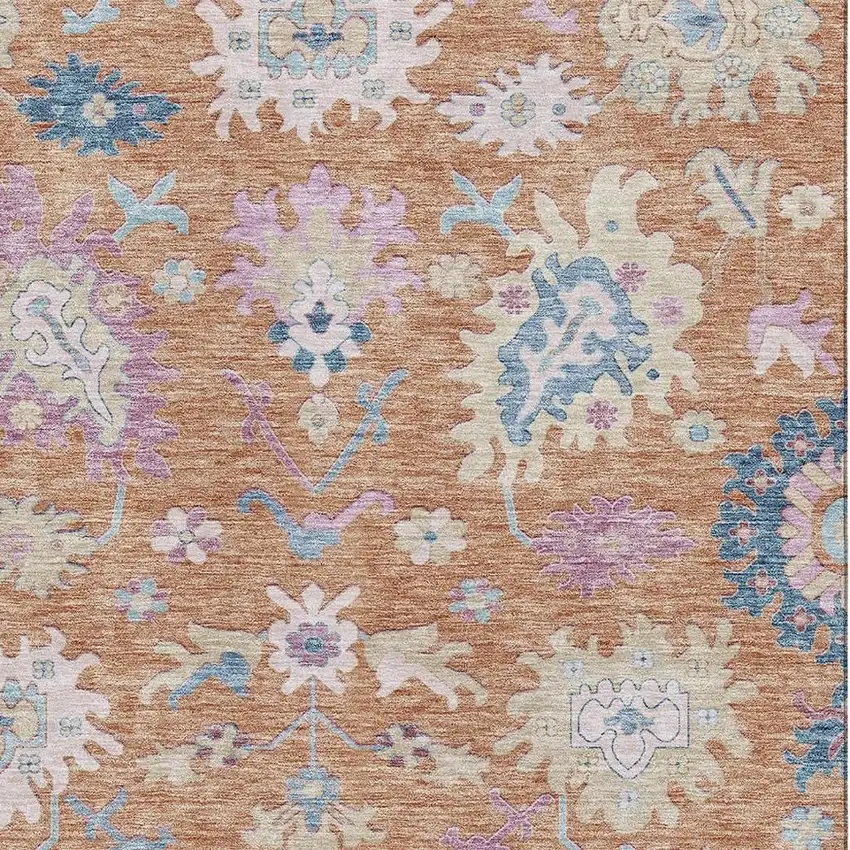 Orange Teal And Pink Floral Washable Area Rug With UV Protection Photo 4
