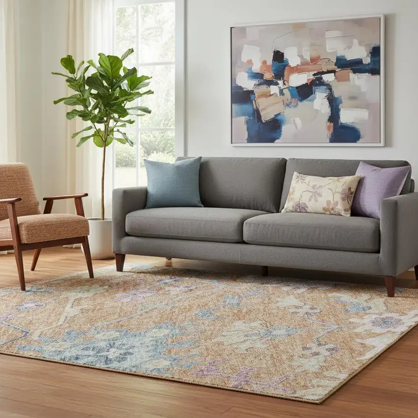 Orange Teal And Pink Floral Washable Area Rug With UV Protection Photo 2