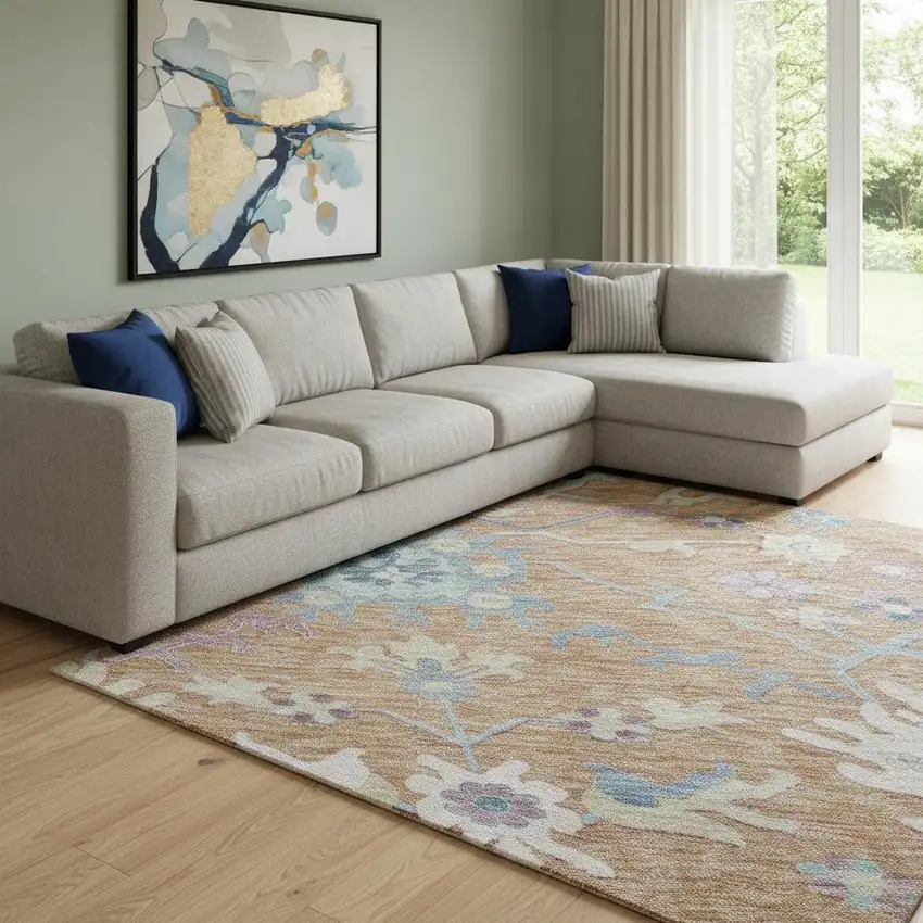 Orange Teal And Pink Floral Washable Area Rug With UV Protection Photo 2