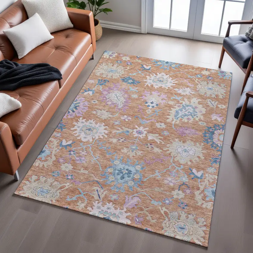 Orange Teal And Pink Floral Washable Area Rug With UV Protection Photo 6