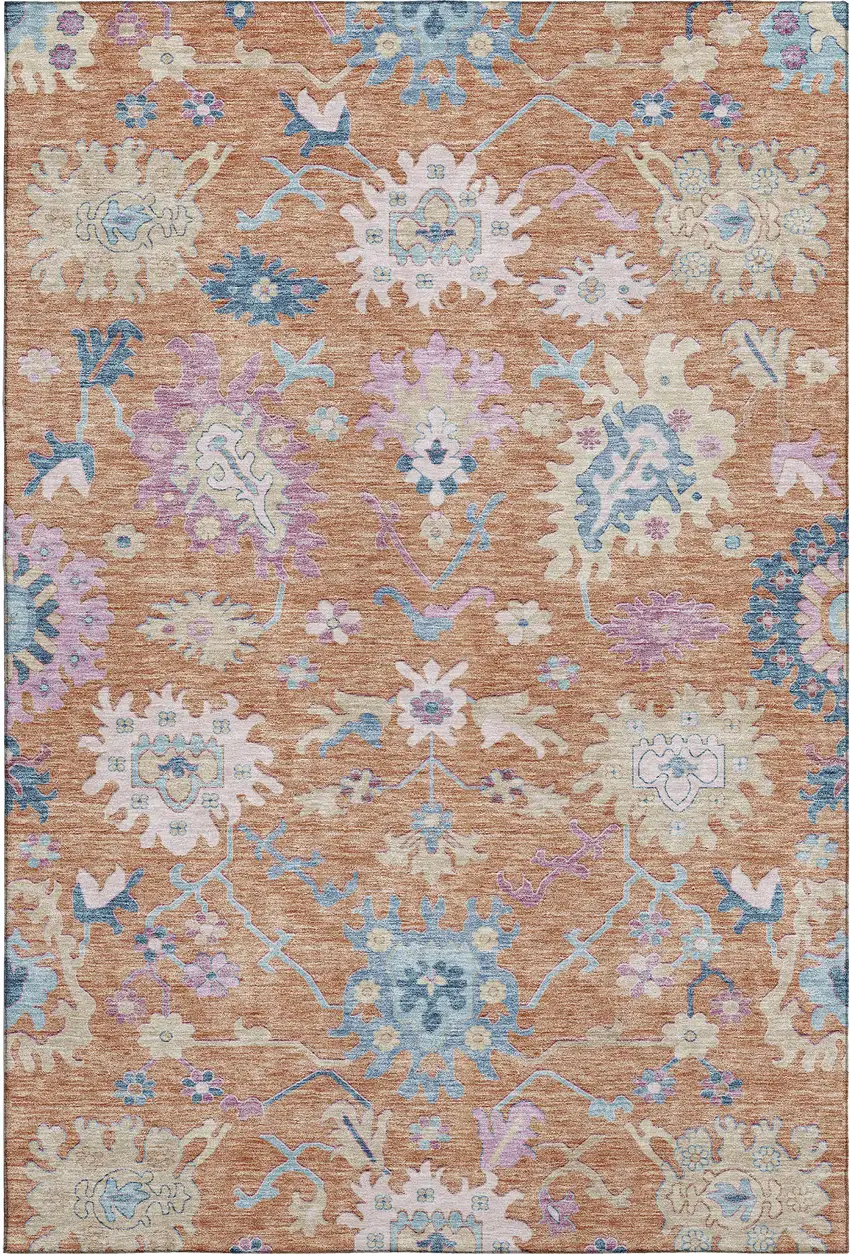 Orange Teal And Pink Floral Washable Area Rug With UV Protection Photo 6