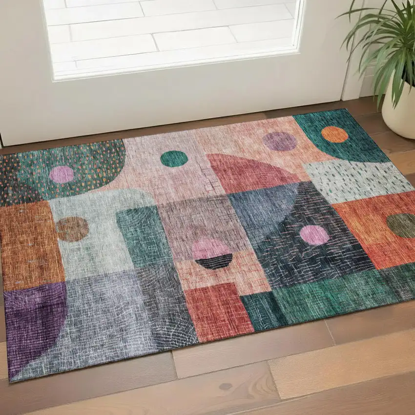 Orange Teal And Purple Geometric Washable Area Rug With UV Protection Photo 1