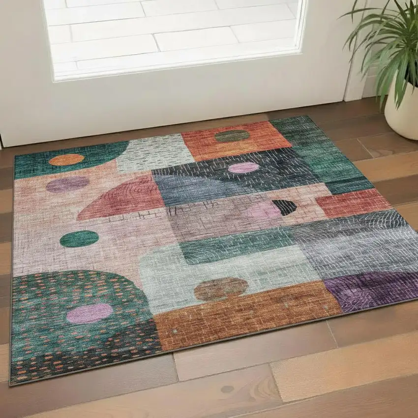Orange Teal And Purple Geometric Washable Area Rug With UV Protection Photo 2
