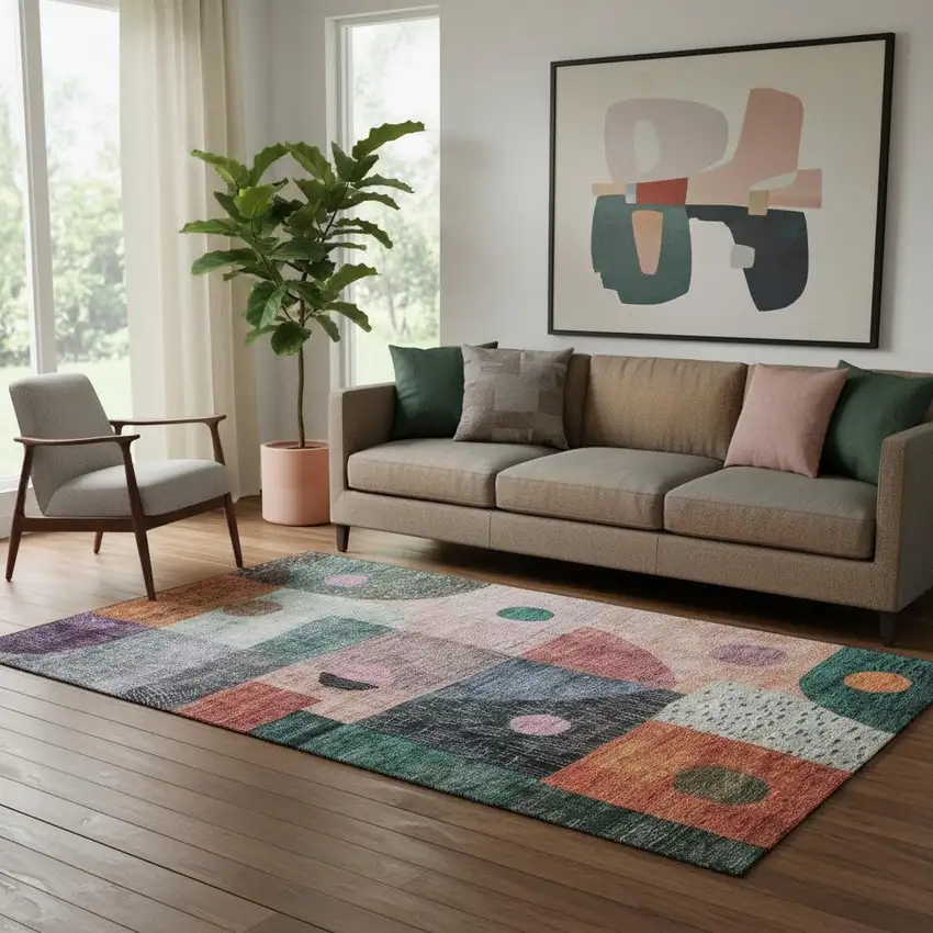 Orange Teal And Purple Geometric Washable Area Rug With UV Protection Photo 2