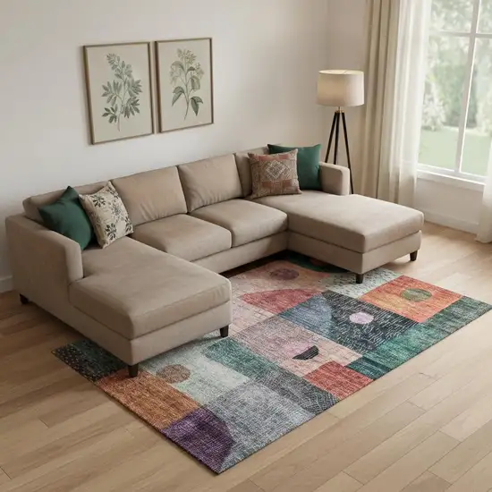 Orange Teal And Purple Geometric Washable Area Rug With UV Protection Photo 2