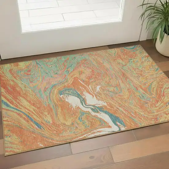 Orange Teal And Sage Abstract Washable Area Rug With UV Protection Photo 2