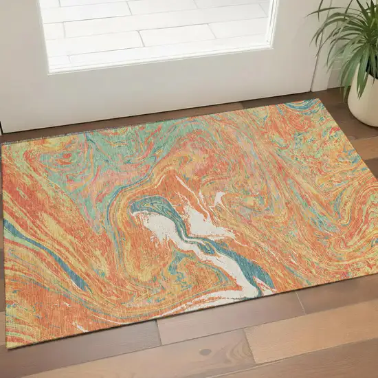 Orange Teal And Sage Abstract Washable Area Rug With UV Protection Photo 1