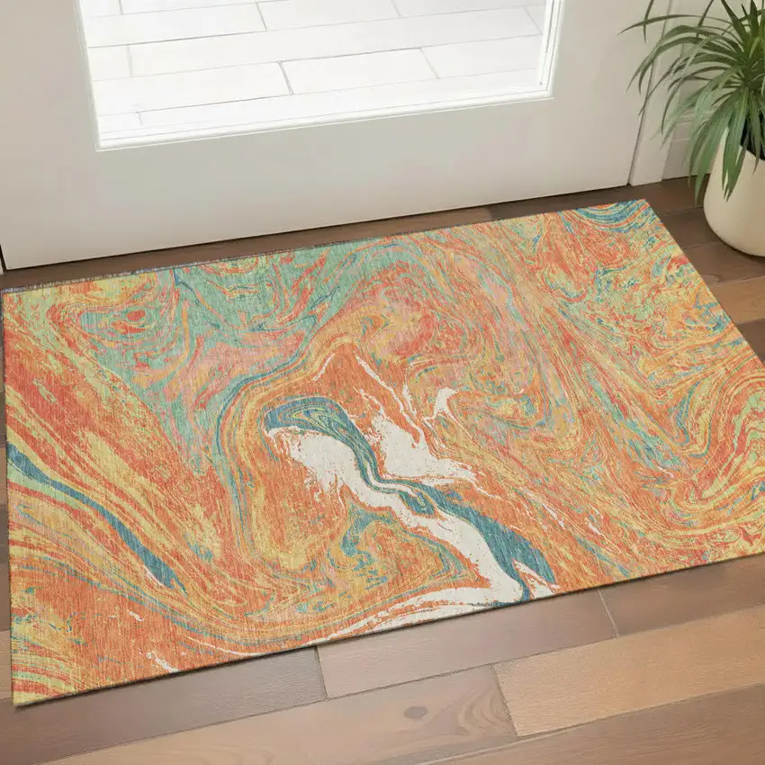 Orange Teal And Sage Abstract Washable Area Rug With UV Protection Photo 1