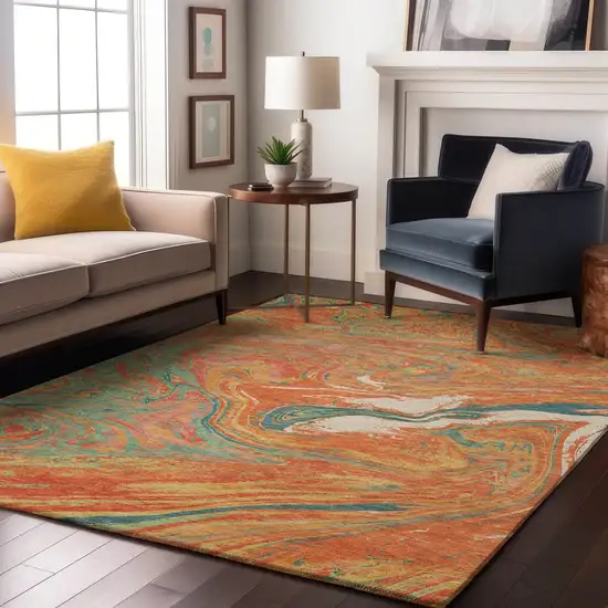 Orange Teal And Sage Abstract Washable Area Rug With UV Protection Photo 4