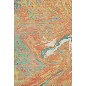 Photo of Orange Teal And Sage Abstract Washable Area Rug With UV Protection