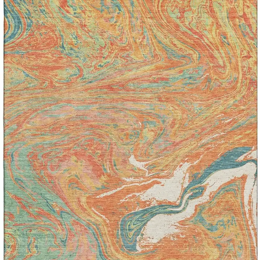 Orange Teal And Sage Abstract Washable Area Rug With UV Protection Photo 3