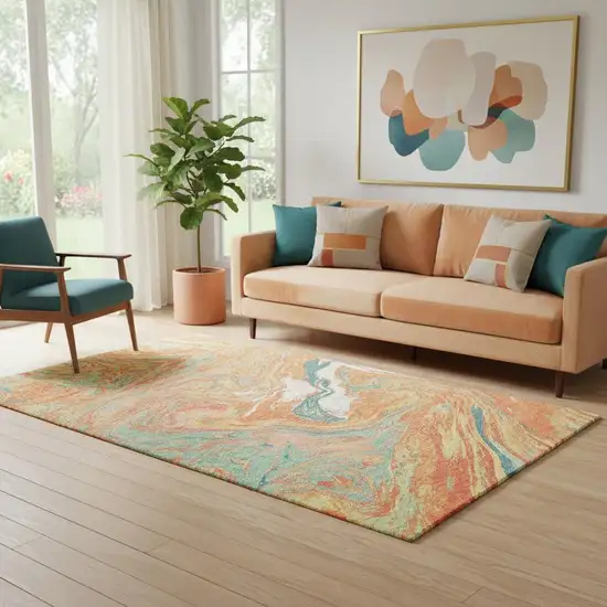 Orange Teal And Sage Abstract Washable Area Rug With UV Protection Photo 2