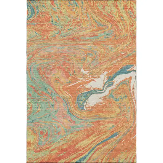 Orange Teal And Sage Abstract Washable Area Rug With UV Protection Photo 1