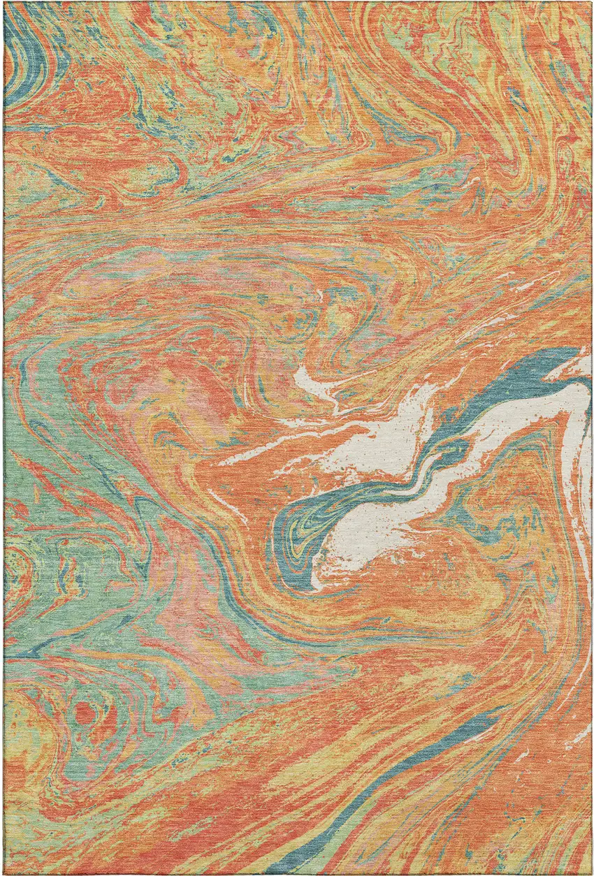 Orange Teal And Sage Abstract Washable Area Rug With UV Protection Photo 1