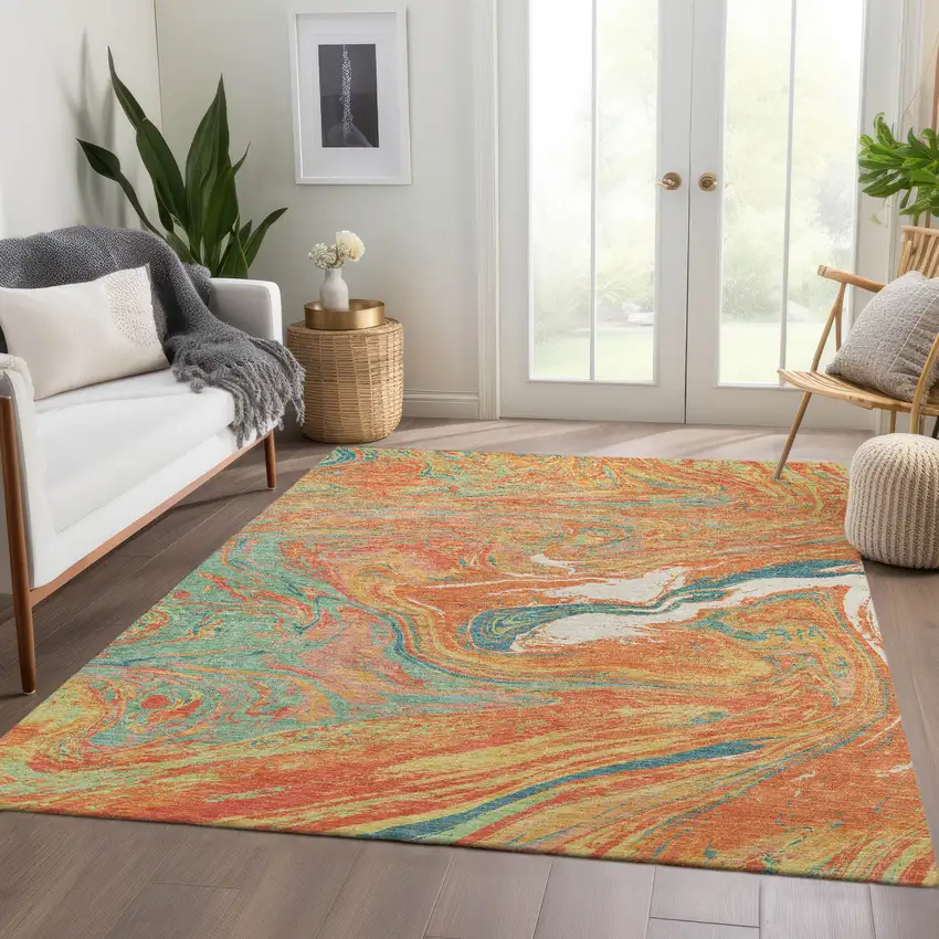 Orange Teal And Sage Abstract Washable Area Rug With UV Protection Photo 5