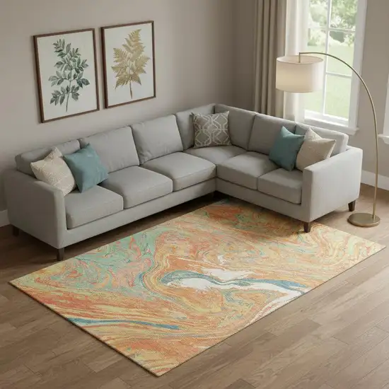 Orange Teal And Sage Abstract Washable Area Rug With UV Protection Photo 2