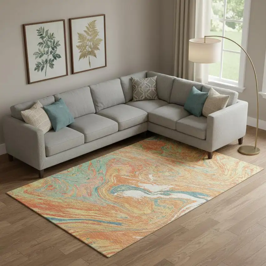 Orange Teal And Sage Abstract Washable Area Rug With UV Protection Photo 2