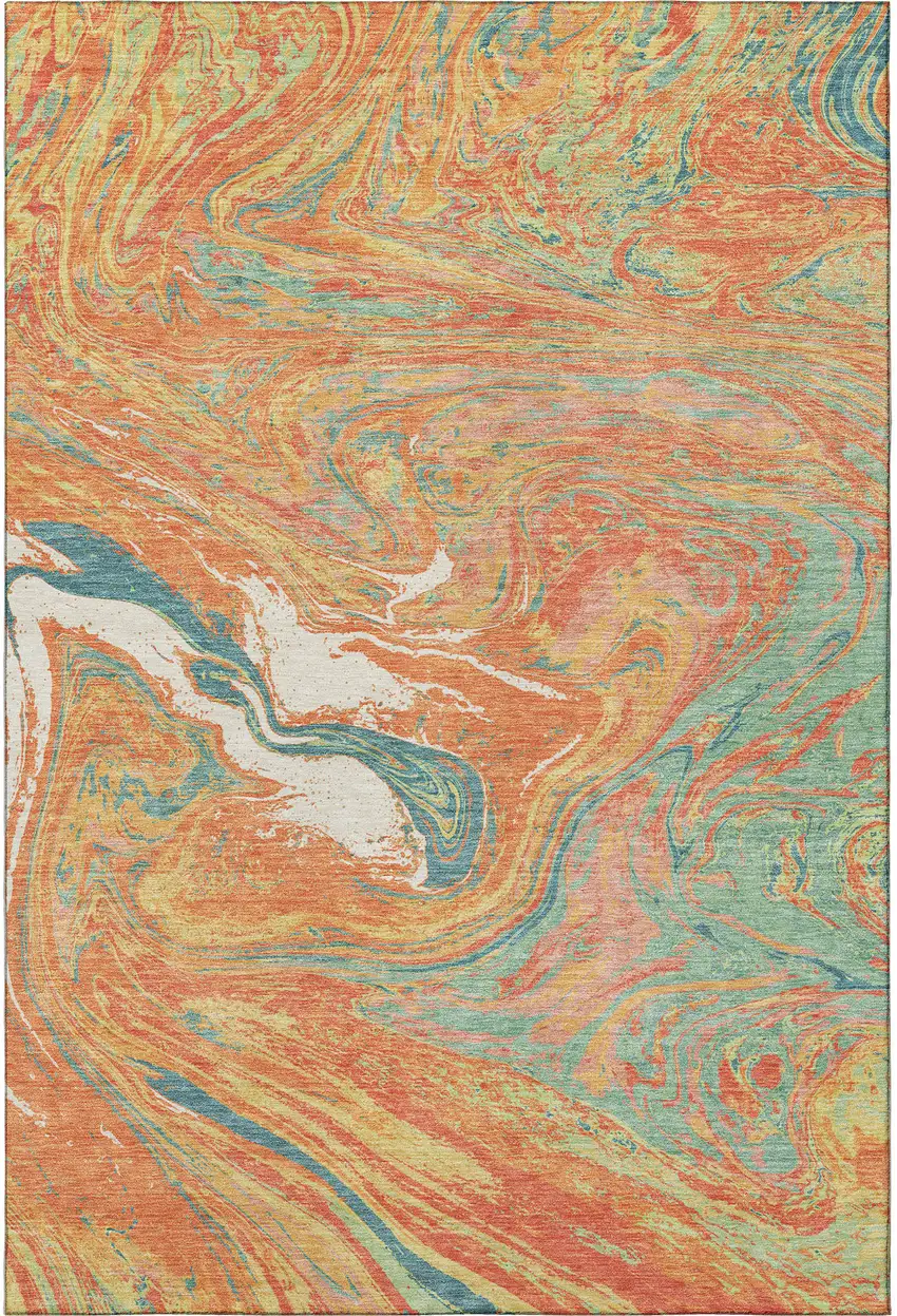 Orange Teal And Sage Abstract Washable Area Rug With UV Protection Photo 2