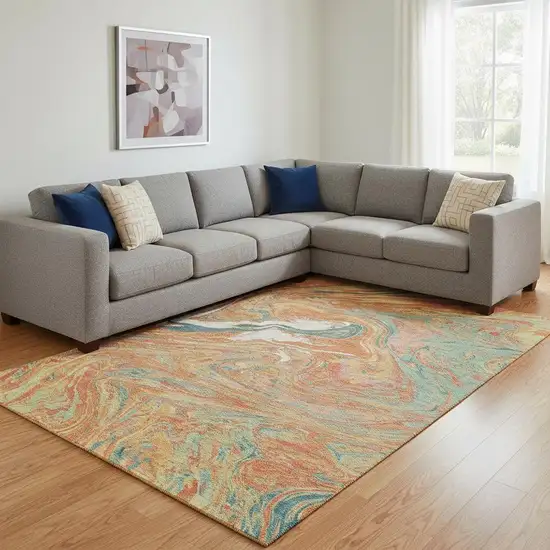 Orange Teal And Sage Abstract Washable Area Rug With UV Protection Photo 2