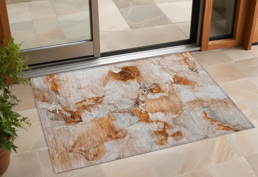 Orange and Ivory Abstract Washable Indoor Outdoor Area Rug Photo 1