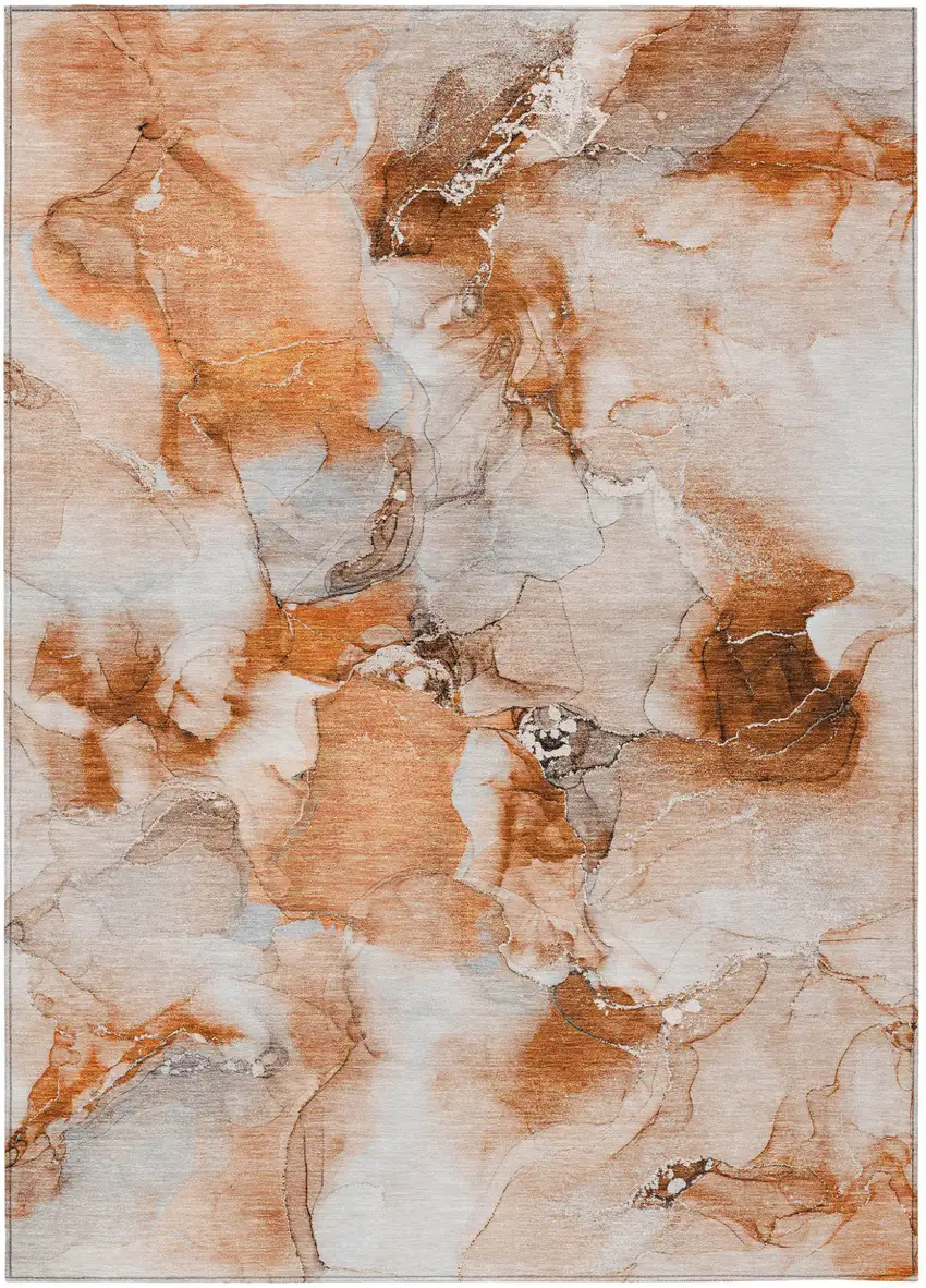 Orange and Ivory Abstract Washable Non Skid Indoor Outdoor Area Rug Photo 2