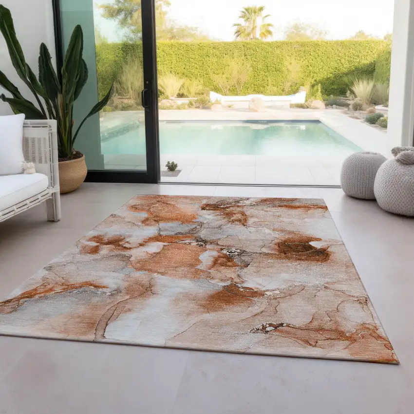 Orange and Ivory Abstract Washable Indoor Outdoor Area Rug Photo 9