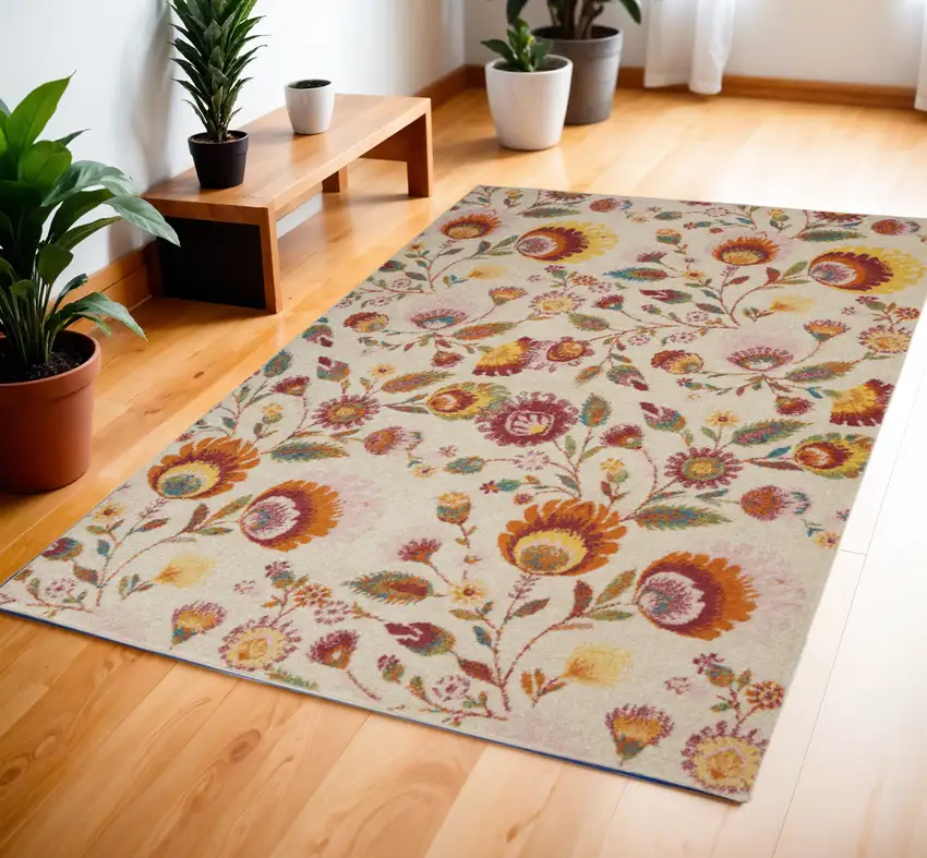 Orange and Ivory Floral Power Loom Area Rug Photo 1