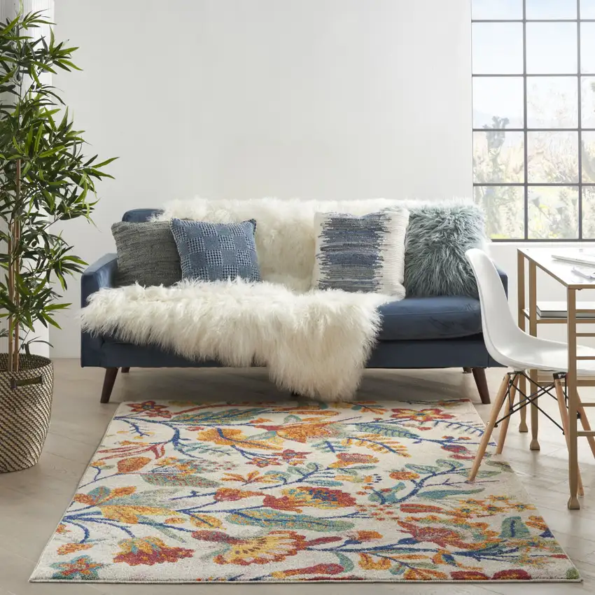 Orange Cream And Green Floral Area Rug Photo 5