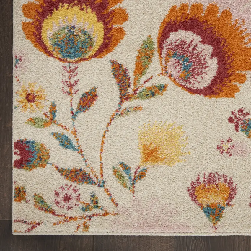 8' Cream Orange And Red Floral Runner Rug Photo 8