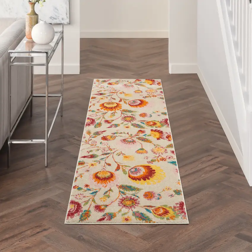 8' Cream Orange And Red Floral Runner Rug Photo 4