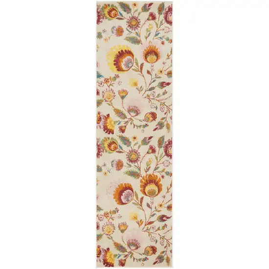8' Cream Orange And Red Floral Runner Rug Photo 1
