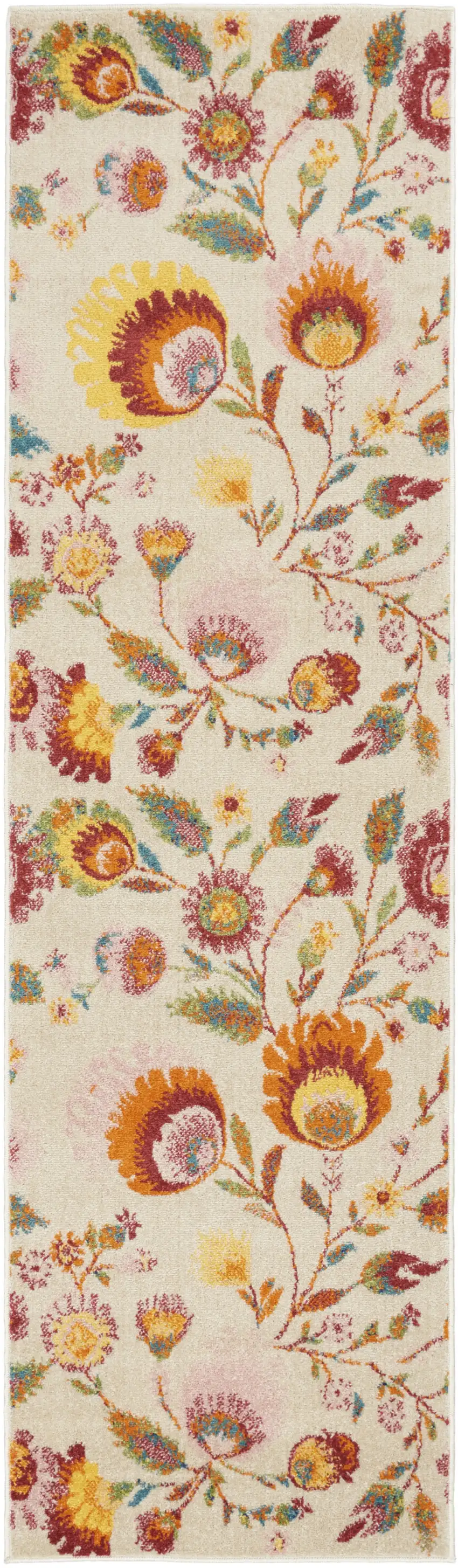 8' Cream Orange And Red Floral Runner Rug Photo 1