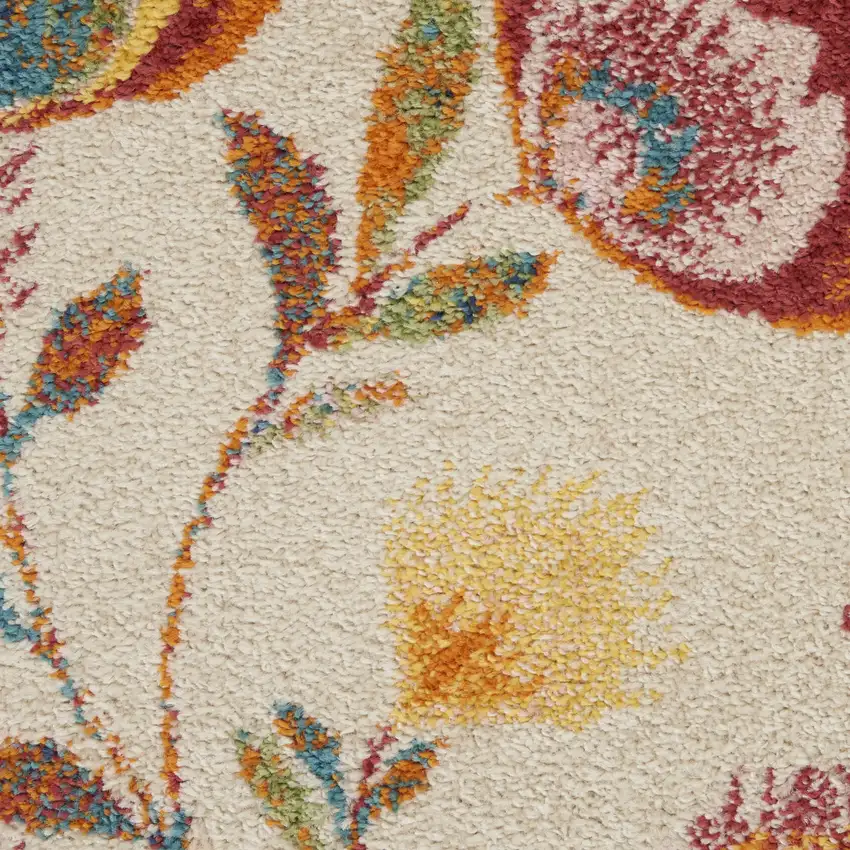 8' Cream Orange And Red Floral Runner Rug Photo 9