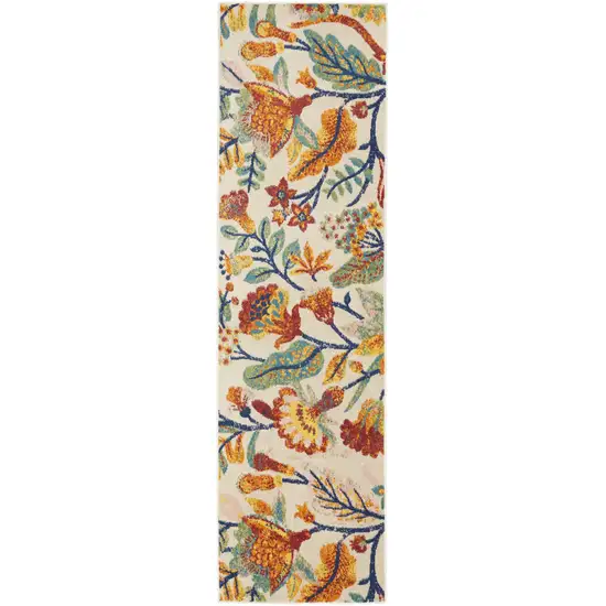 8' Orange Cream And Green Floral Runner Rug Photo 1