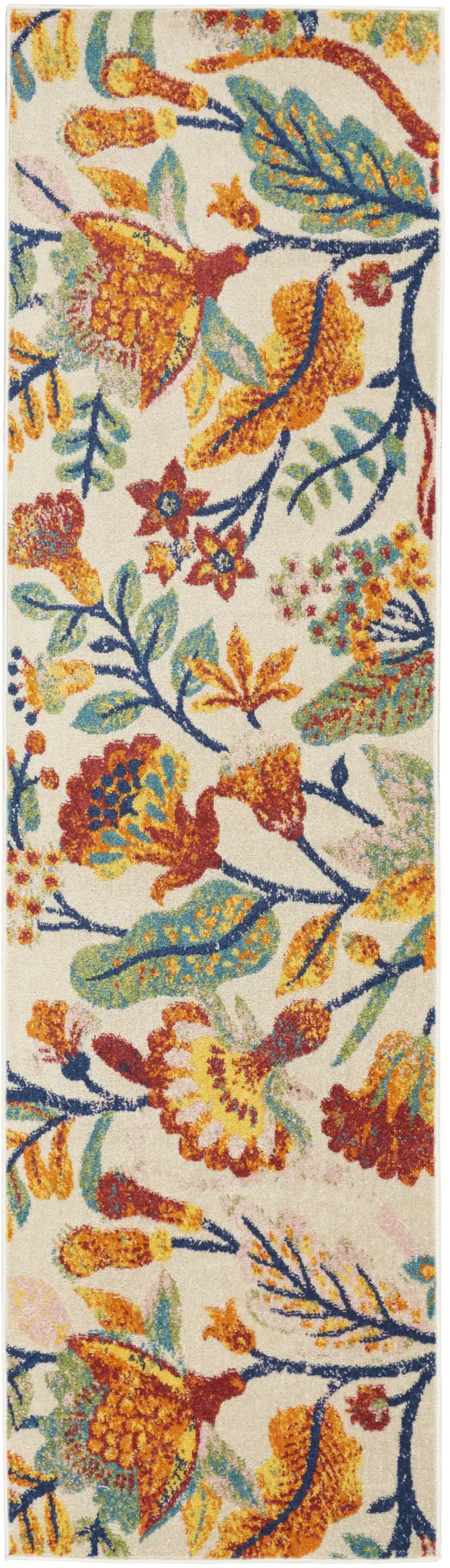 8' Orange Cream And Green Floral Runner Rug Photo 1